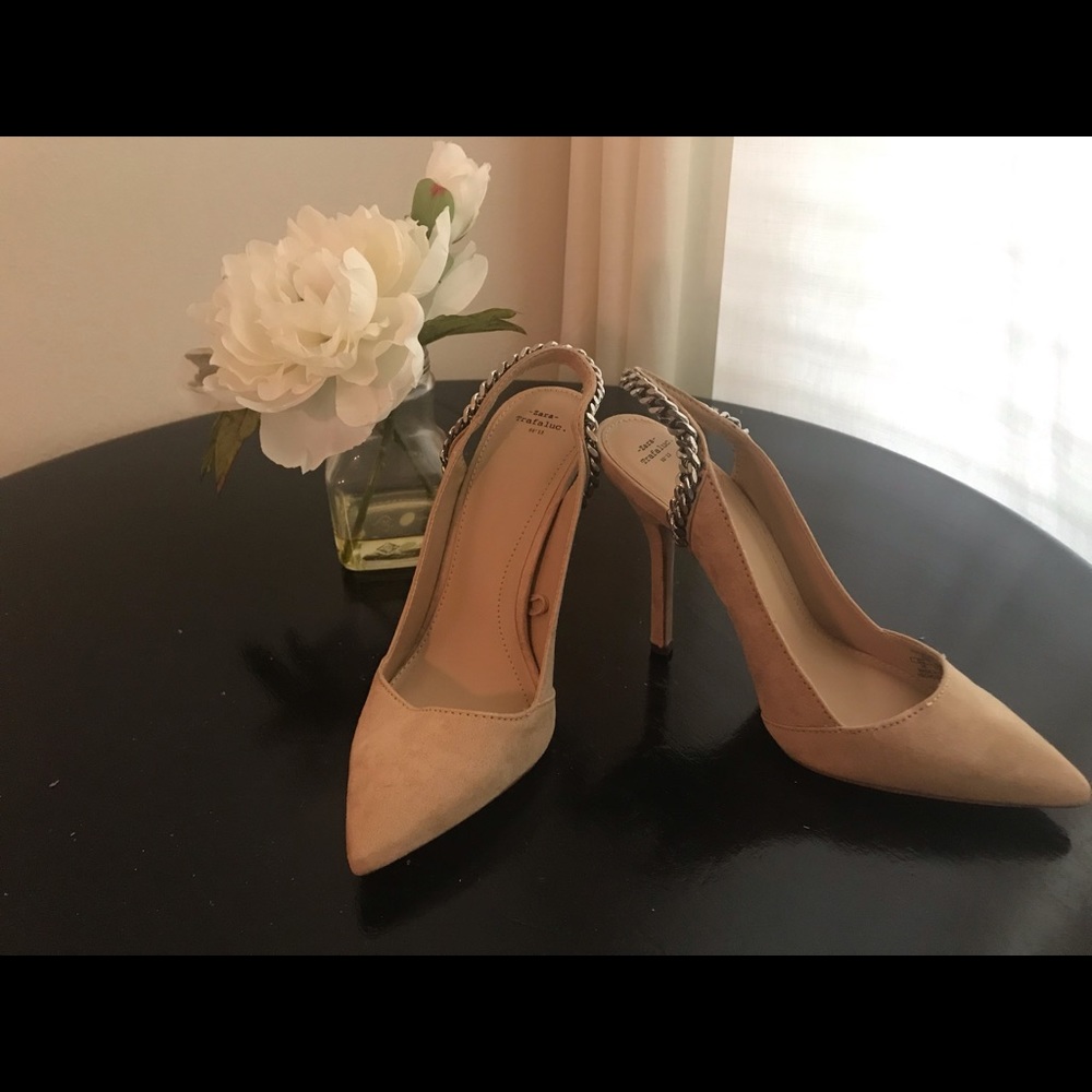 Zara Nude Suede Slingback w/Chain Detail